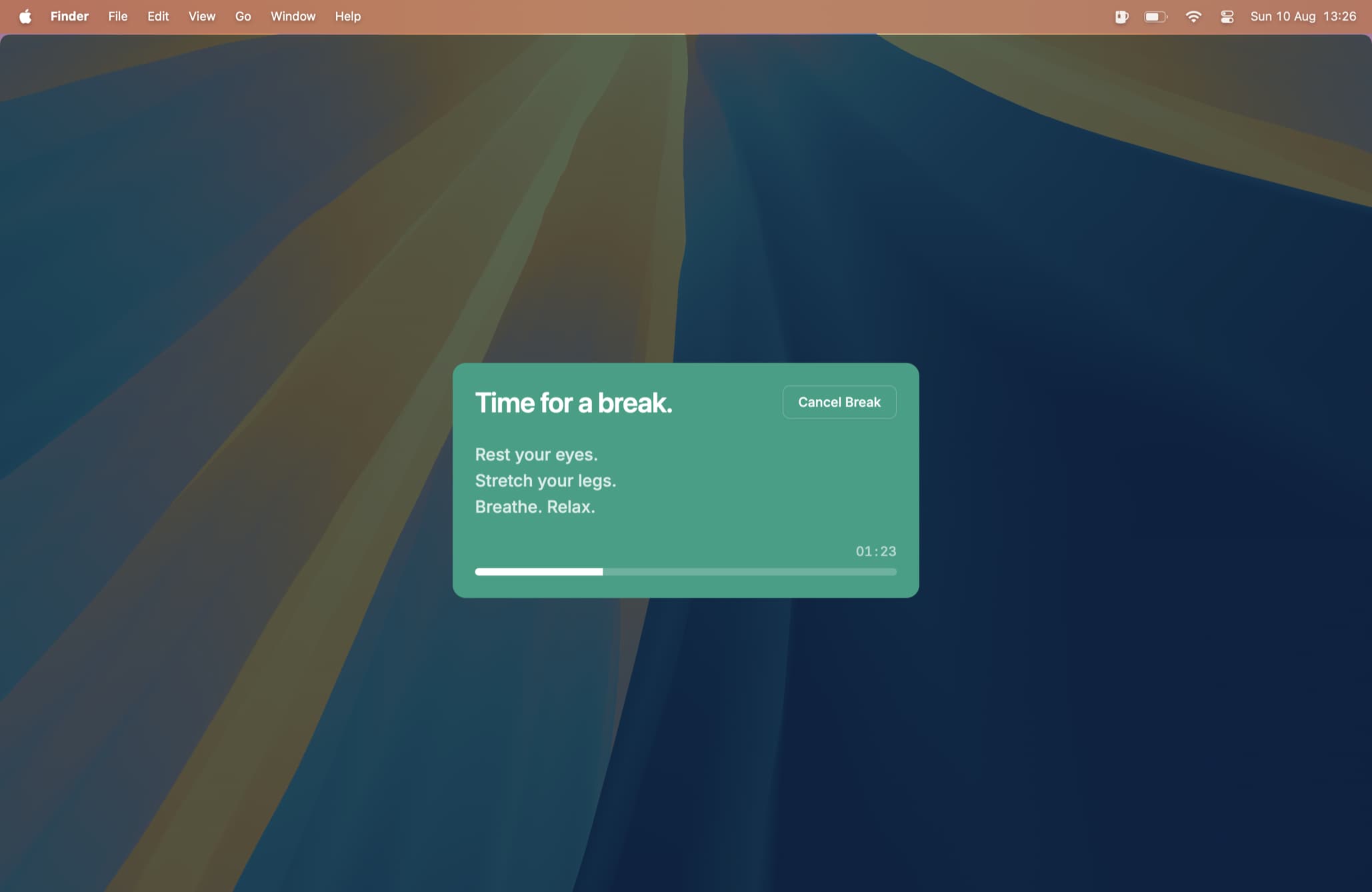 Screenshot of Stretchly break reminder app on Mac showing a green dialog box titled "Time for a break." The notification advises users to "Rest your eyes. Stretch your legs.