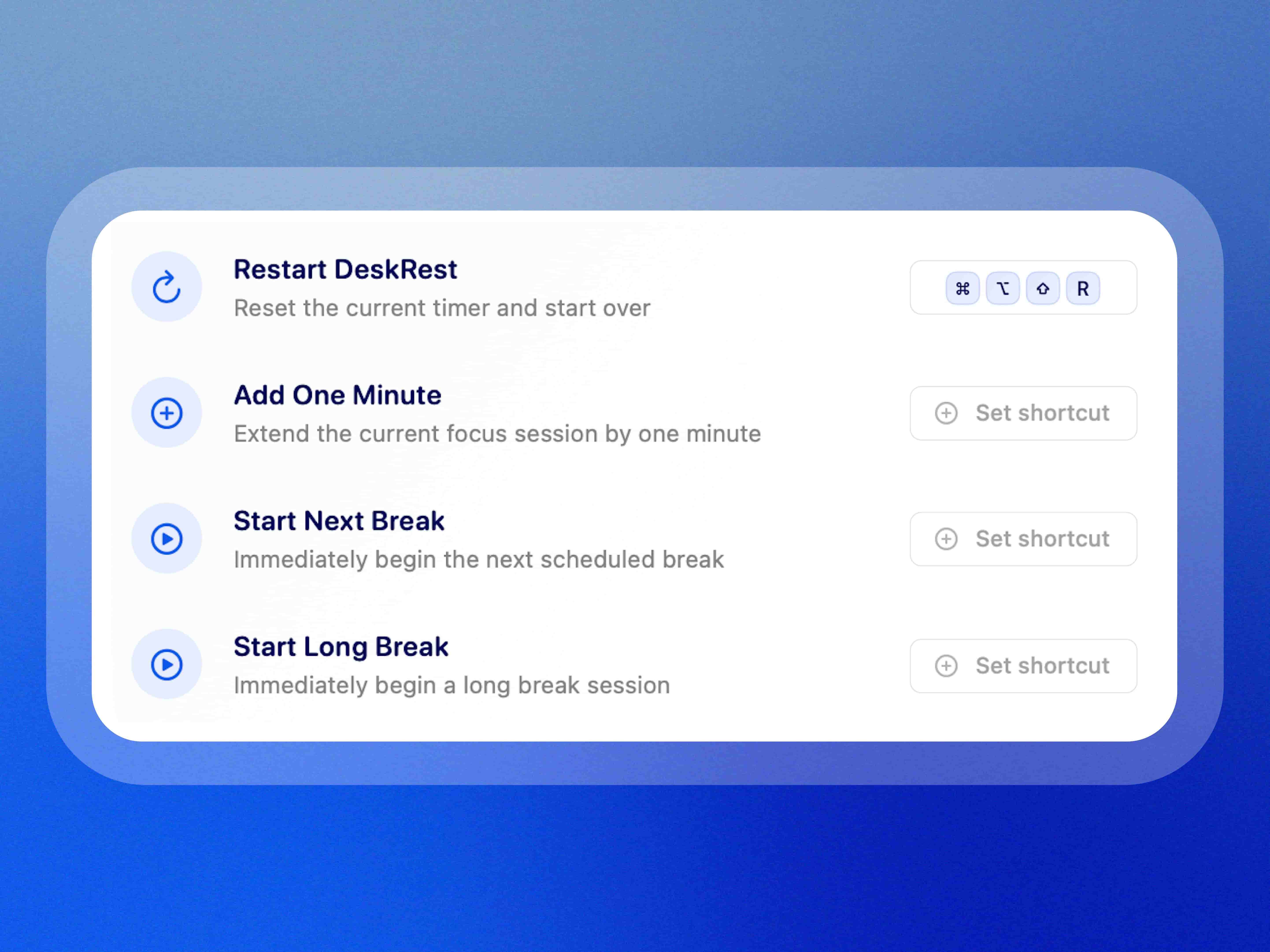Screenshot of DeskRest macOS app shortcut configuration interface showing four shortcut options: 'Restart DeskRest' with restart icon to reset timer, 'Add One Minute' with plus icon to extend focus session, 'Start Next Break' with play button to begin scheduled break, and 'Start Long Break' with play button for long break session. Each option has a 'Set shortcut' button on the right with keyboard shortcut icons. The interface has a clean white design with blue accent colors on a gradient blue background.