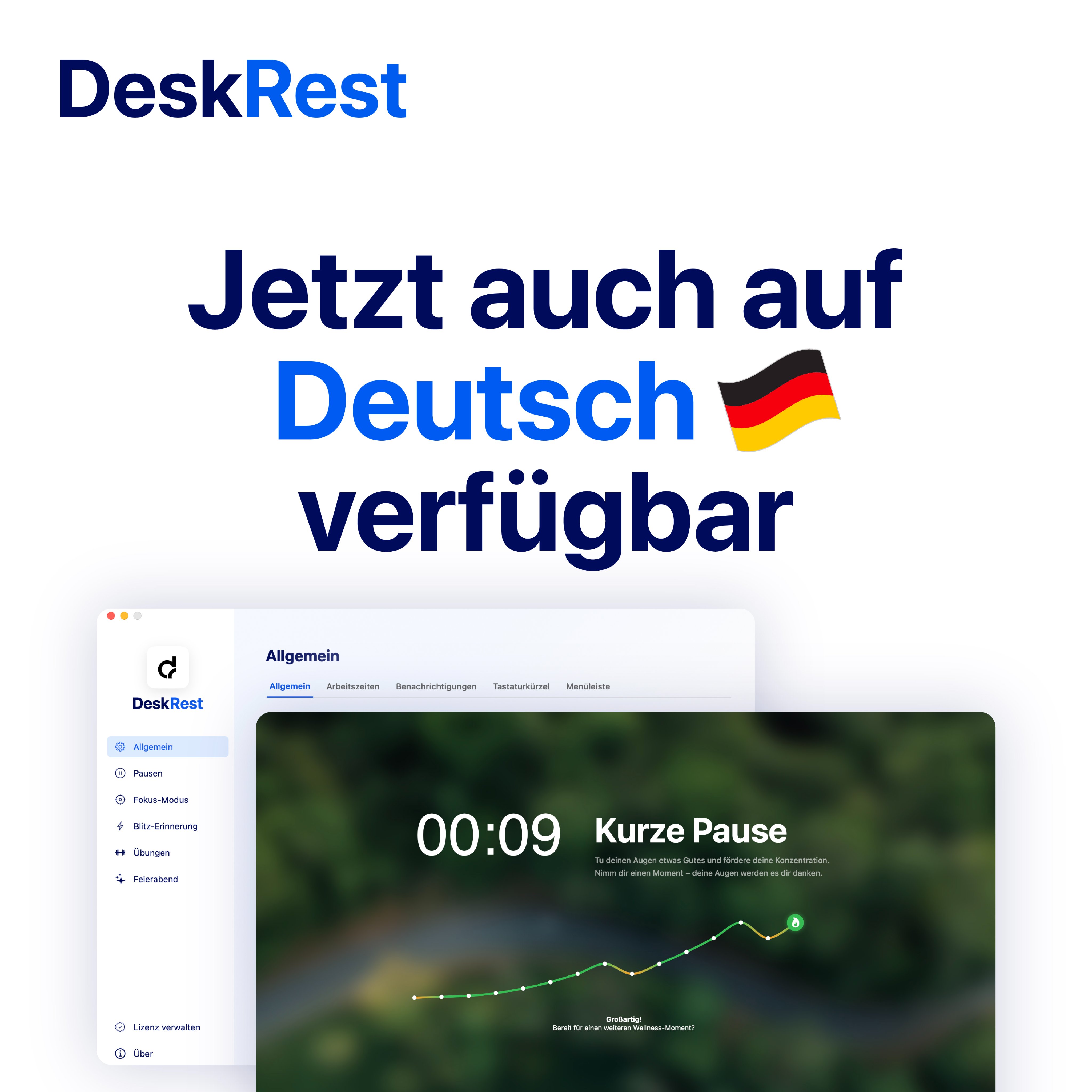 DeskRest German language interface showing localized break reminders and settings