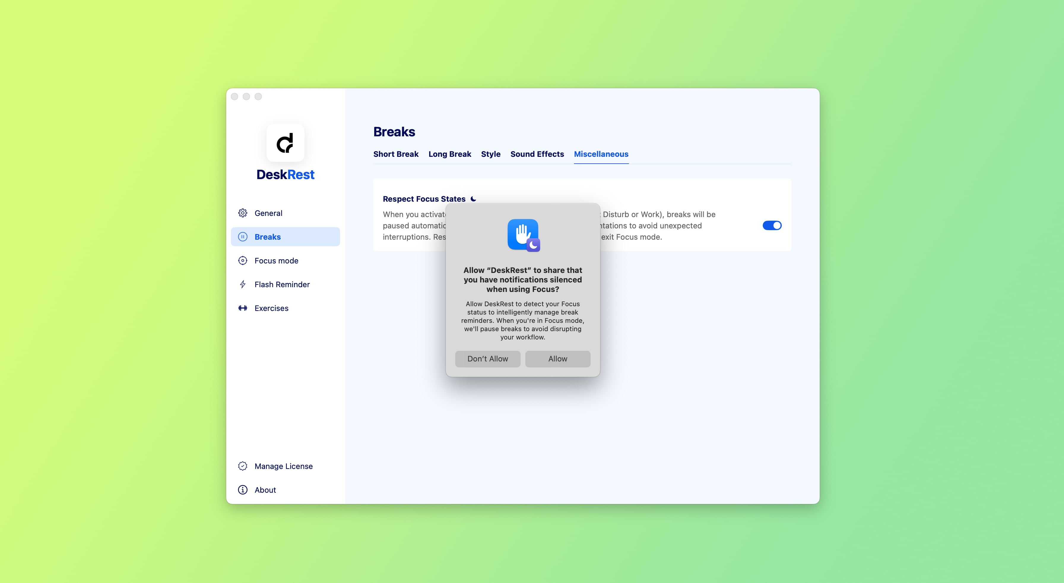 DeskRest focus mode settings
