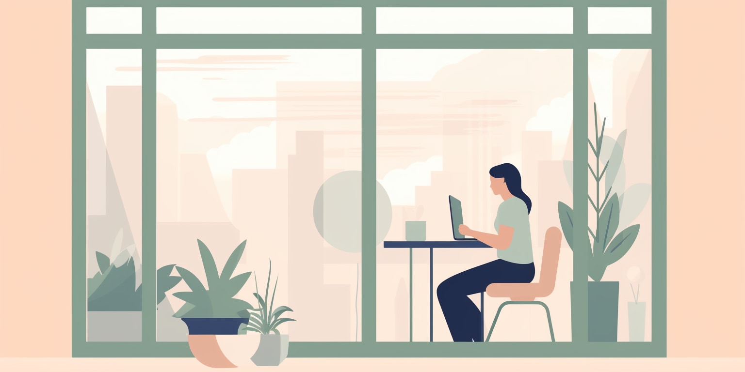 A person sitting at a desk in front of large windows, working on a laptop. The scene shows a calm, ergonomic workspace with houseplants, suggesting a focus on work-life balance and wellbeing.