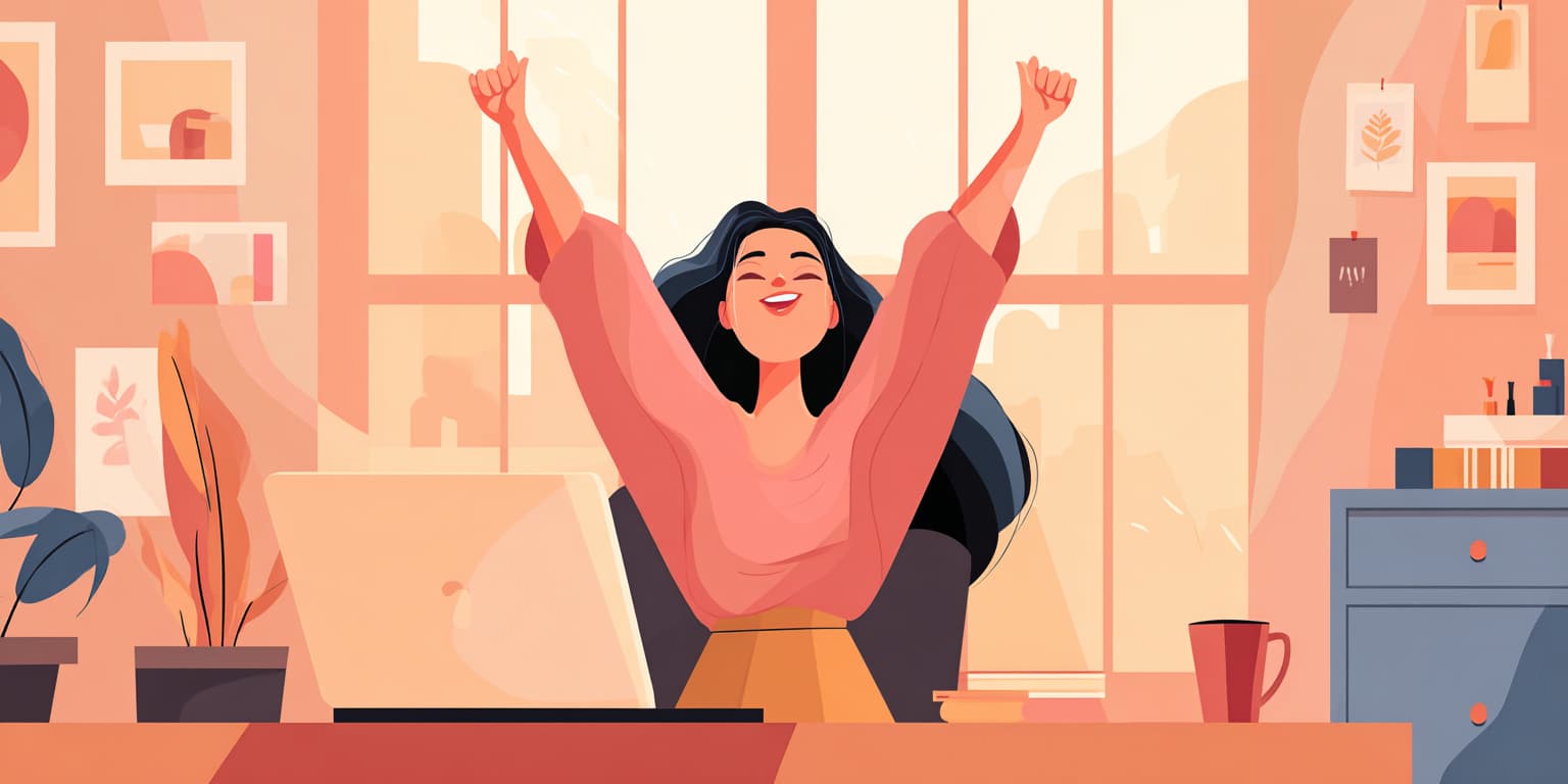 Joyful woman with black hair celebrating with raised arms while sitting at her home office desk, surrounded by warm orange-toned decor, plants, books, and artwork on the walls
