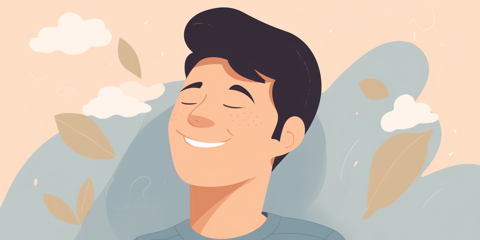 A stylized illustration of a person with dark hair in profile, eyes closed and smiling contentedly. They have freckles across their cheeks and are wearing what appears to be a blue-gray shirt. The background features soft blue shapes, white clouds, and floating tan leaves against a peachy pink sky. The illustration has a gentle, peaceful mood with a modern minimalist style.