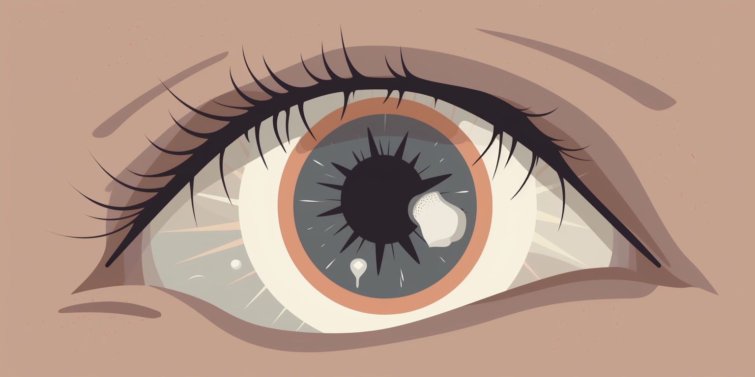A stylized illustration of a human eye in profile view. The eye has long dark eyelashes and features a gray iris with a black pupil and white highlights. The eye has a peachy-colored ring around the iris and is set against a pale beige background. The illustration has a modern, minimalist design style with clean lines and subtle shading.