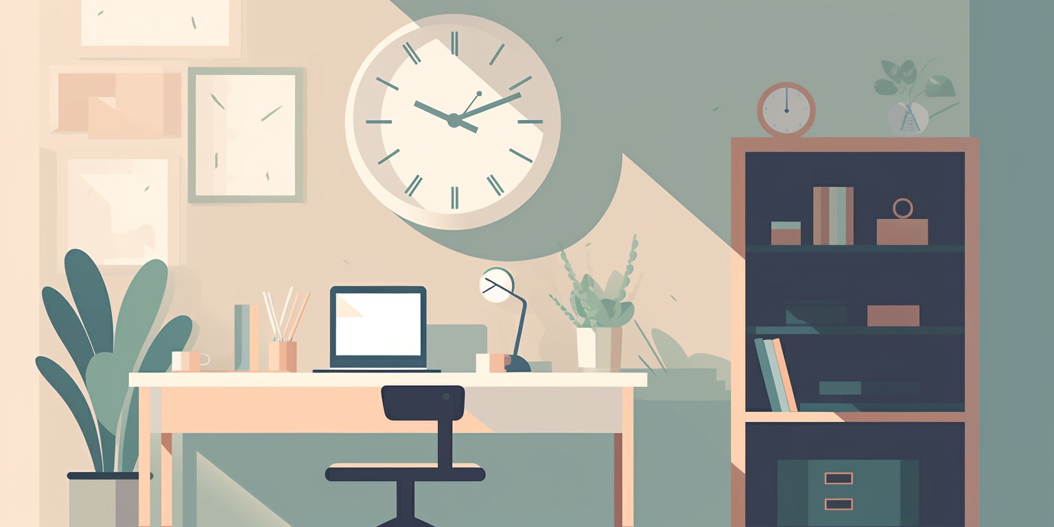 Minimalist illustration of a home office workspace with no person present. The scene includes a white desk with a laptop, desk lamp, and stationery holders, a large wall clock, a bookshelf, and decorative plants. The room is styled in a muted color palette of sage green, beige, and navy blue, with geometric shapes creating depth and shadows.