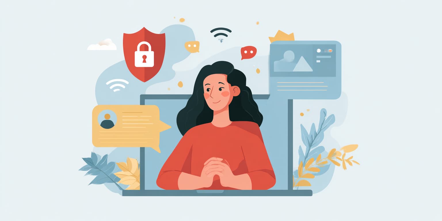 Illustration of a woman working on a laptop surrounded by security shield icons, WiFi symbols, profile cards, and chat bubbles, representing secure and connected remote work with digital wellness tools