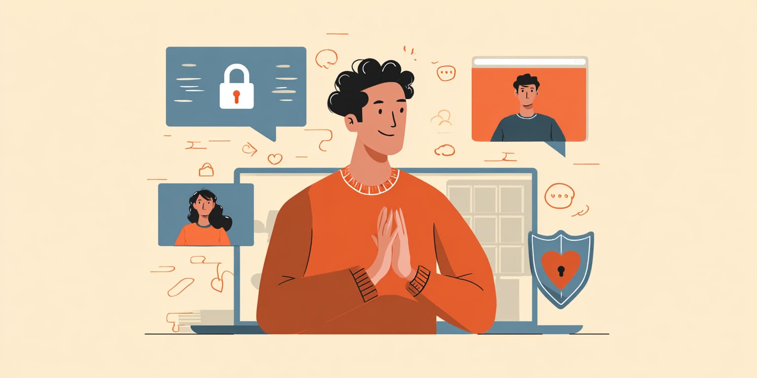 Illustration of a person in meditation pose at a desk surrounded by floating security icons, video call windows, and communication symbols, representing mindful digital wellness and secure remote work balance