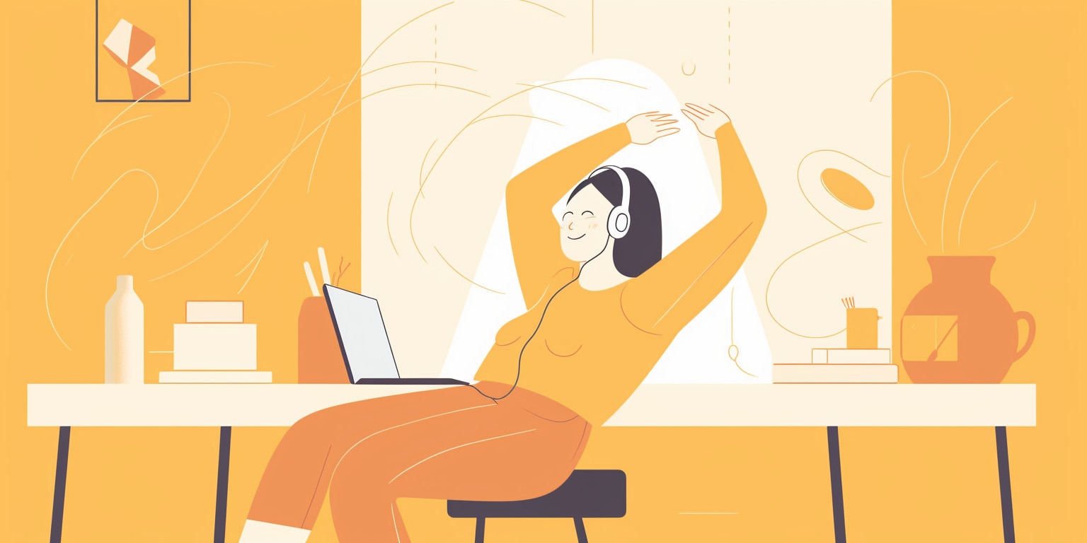 Person wearing headphones stretches at desk while working on laptop, illustrated in warm orange tones to represent healthy work breaks