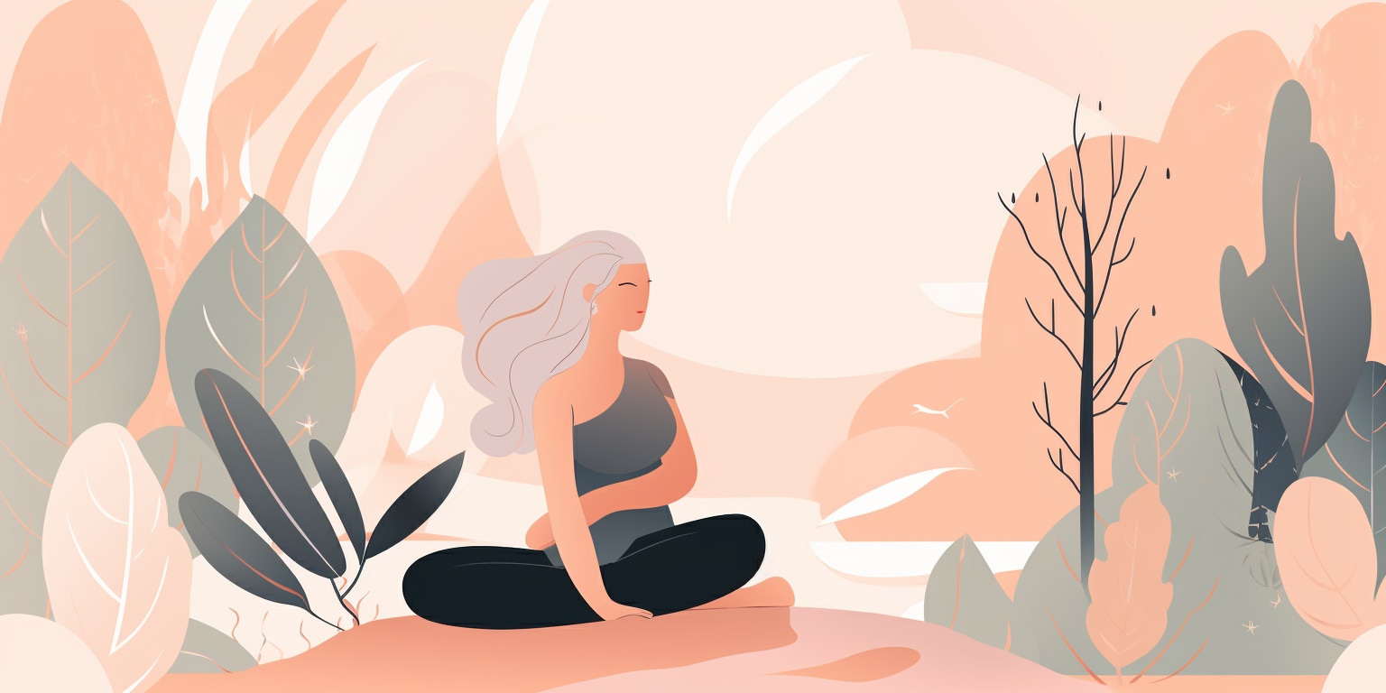 A woman in yoga attire meditating peacefully in a minimalist nature landscape with soft pink and grey tones