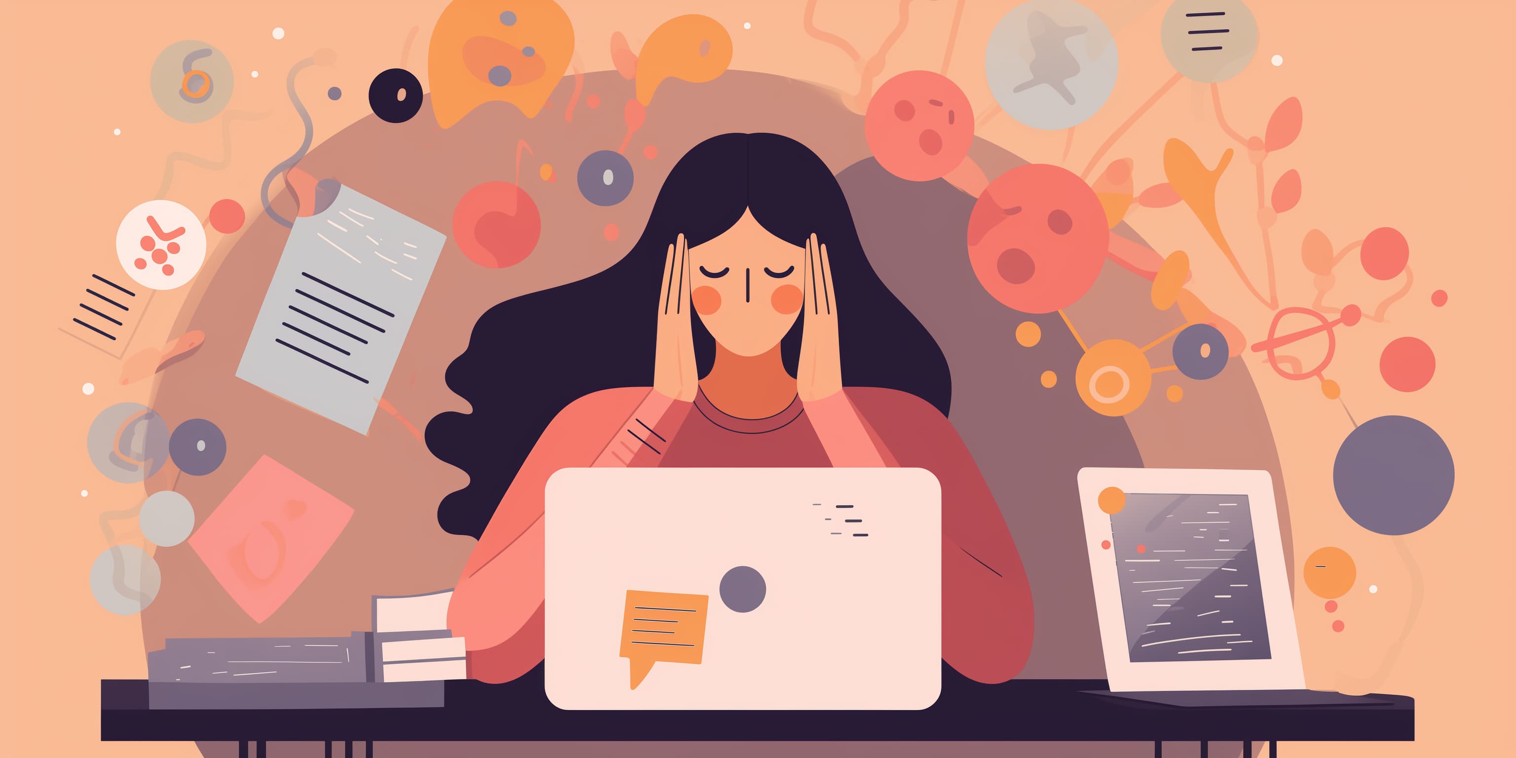 Stylized illustration of a stressed woman with dark hair sitting at a cluttered desk, holding her head in her hands while surrounded by floating work-related icons, papers, and digital devices in warm orange and coral tones, representing workplace overwhelm and burnout