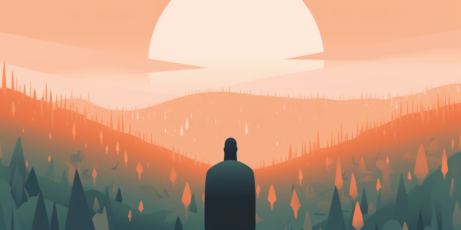 Minimalist illustration of a silhouetted figure standing on a hillside, overlooking a geometric landscape with stylized trees and mountains. The scene is bathed in a warm orange and teal gradient, with a large semi-circular sun setting in the distance, creating a peaceful, contemplative atmosphere.