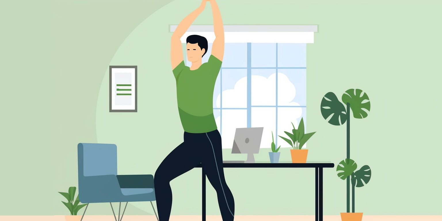 Person stretching at standing desk in home office with plants and window view, promoting workplace wellness