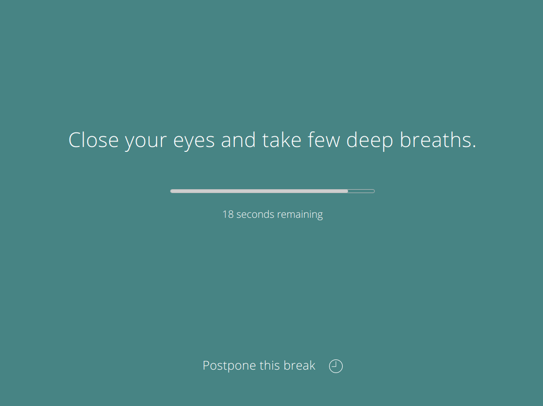 Screenshot of Stretchly break reminder app on Mac showing a green dialog box titled "Time for a break." The notification advises users to "Rest your eyes. Stretch your legs.