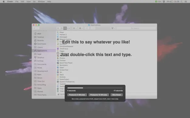 Screenshot of Time Out break reminder app overlaying a Mac text editor. The editor shows placeholder text while a dark dialog box offers break options.